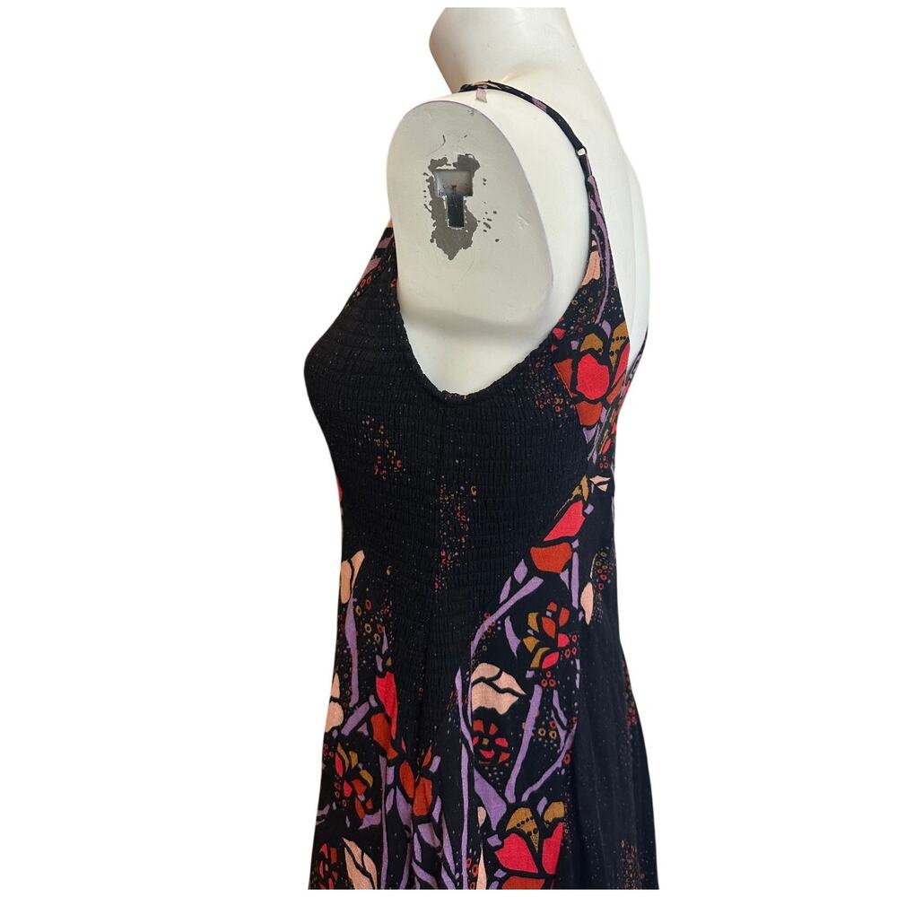 Free People Floral Smocked Maxi Dress XS Black Pink Purple Boho Stretch - Picture 8 of 14